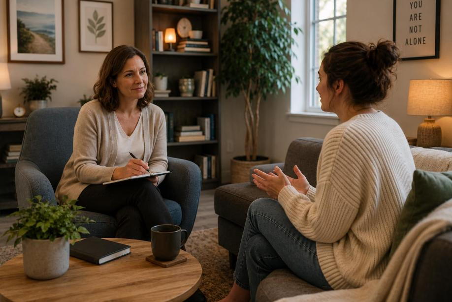 A calm therapeutic scene representing trauma recovery and support