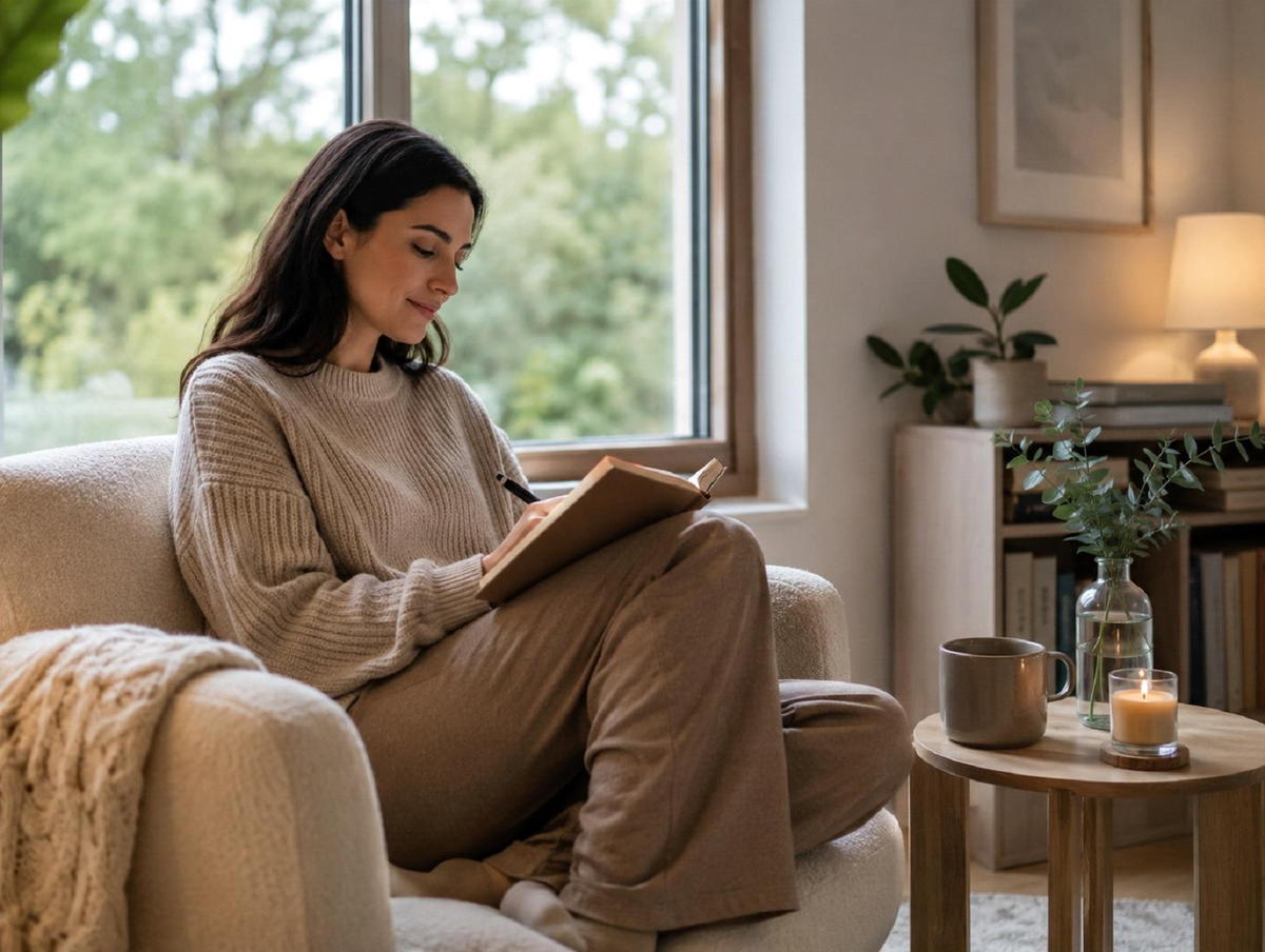 A person journaling near a window while reflecting on boundaries