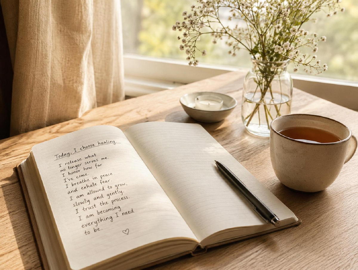 A journal and tea in soft light representing reflection and healing