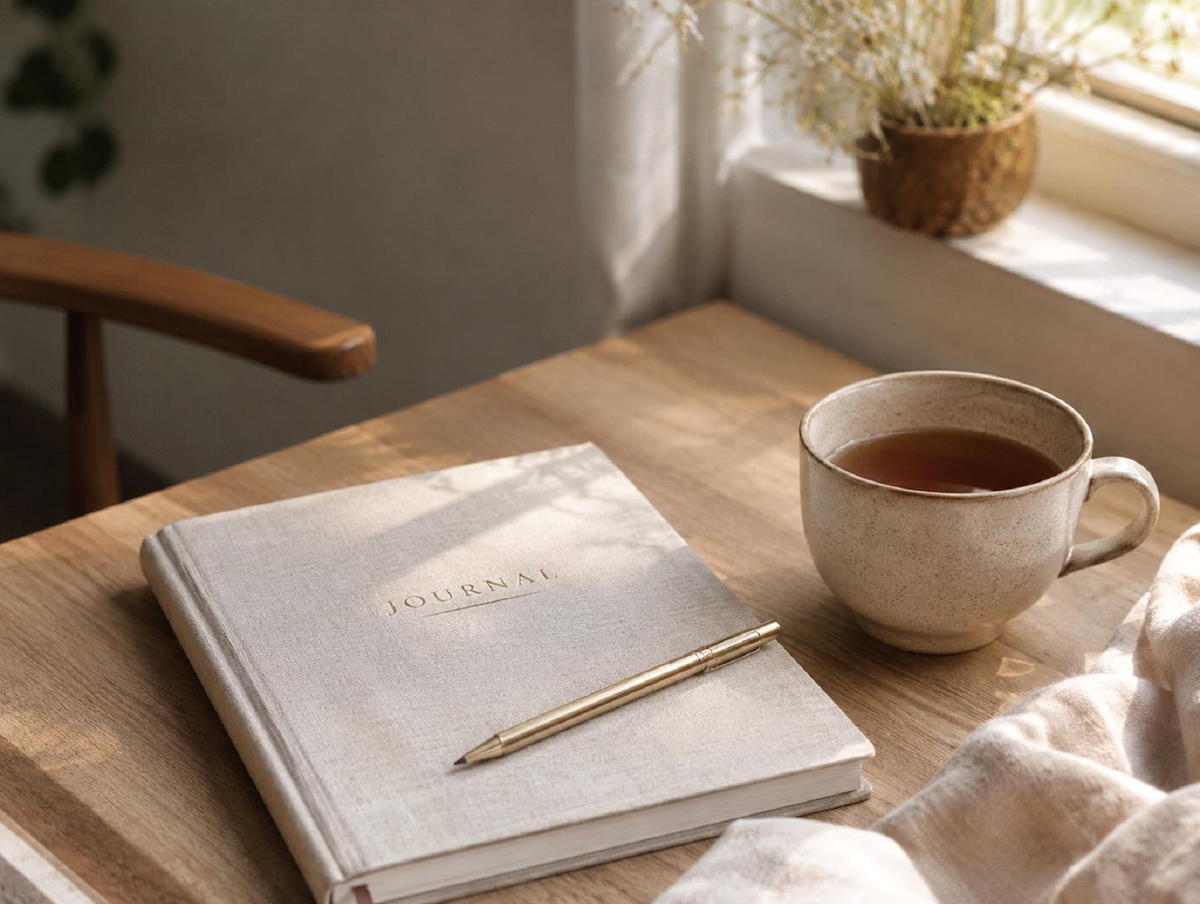 A journal and tea in natural light representing reflection and recovery