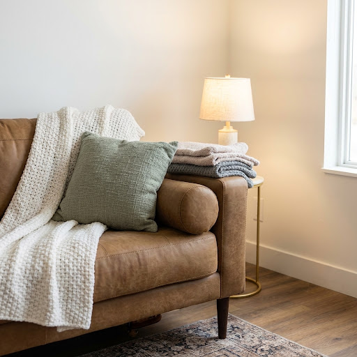 Cozy leather sofa with a sage green textured pillow and a warm lamp beside it, evoking a calm and peaceful home environment.